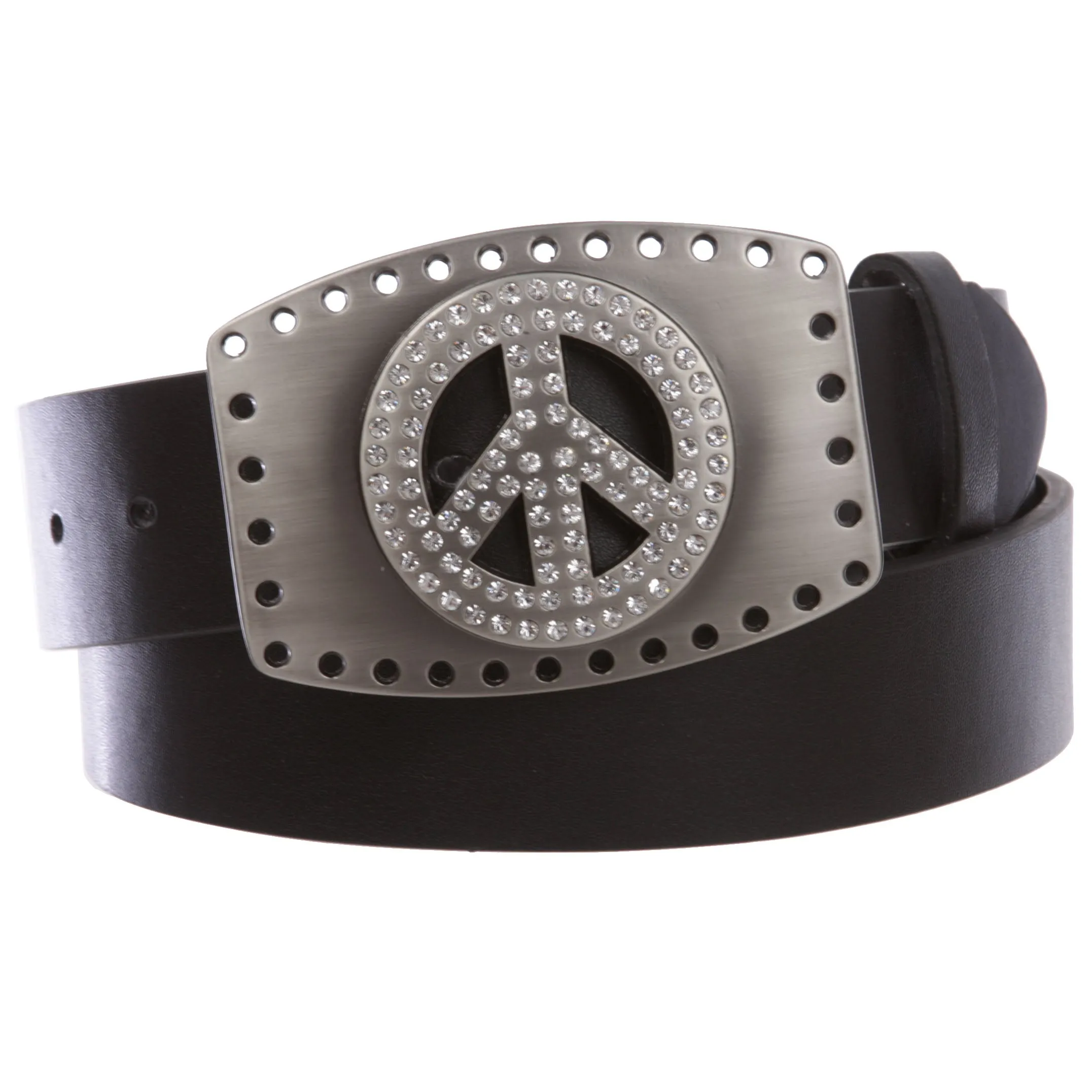 1 1/2" Snap On Rhinestone Peace Symbol Love Sign Hollow Out Buckle With Leather Belt