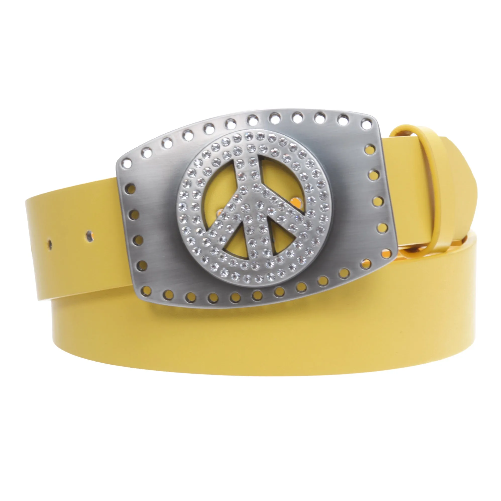 1 1/2" Snap On Rhinestone Peace Symbol Love Sign Hollow Out Buckle With Leather Belt
