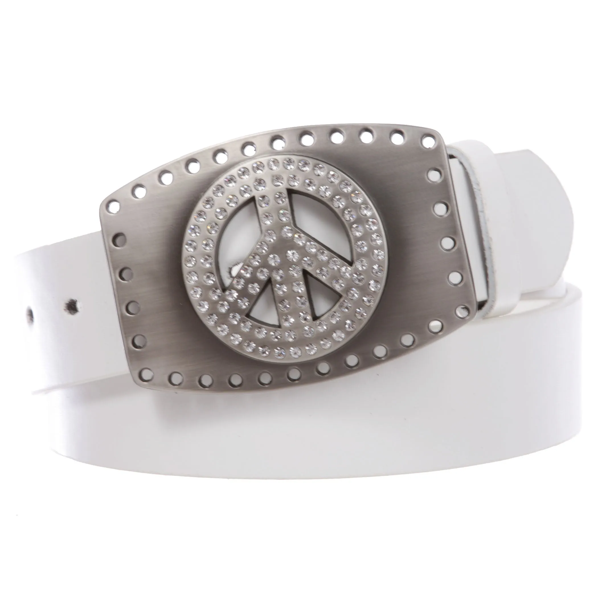 1 1/2" Snap On Rhinestone Peace Symbol Love Sign Hollow Out Buckle With Leather Belt
