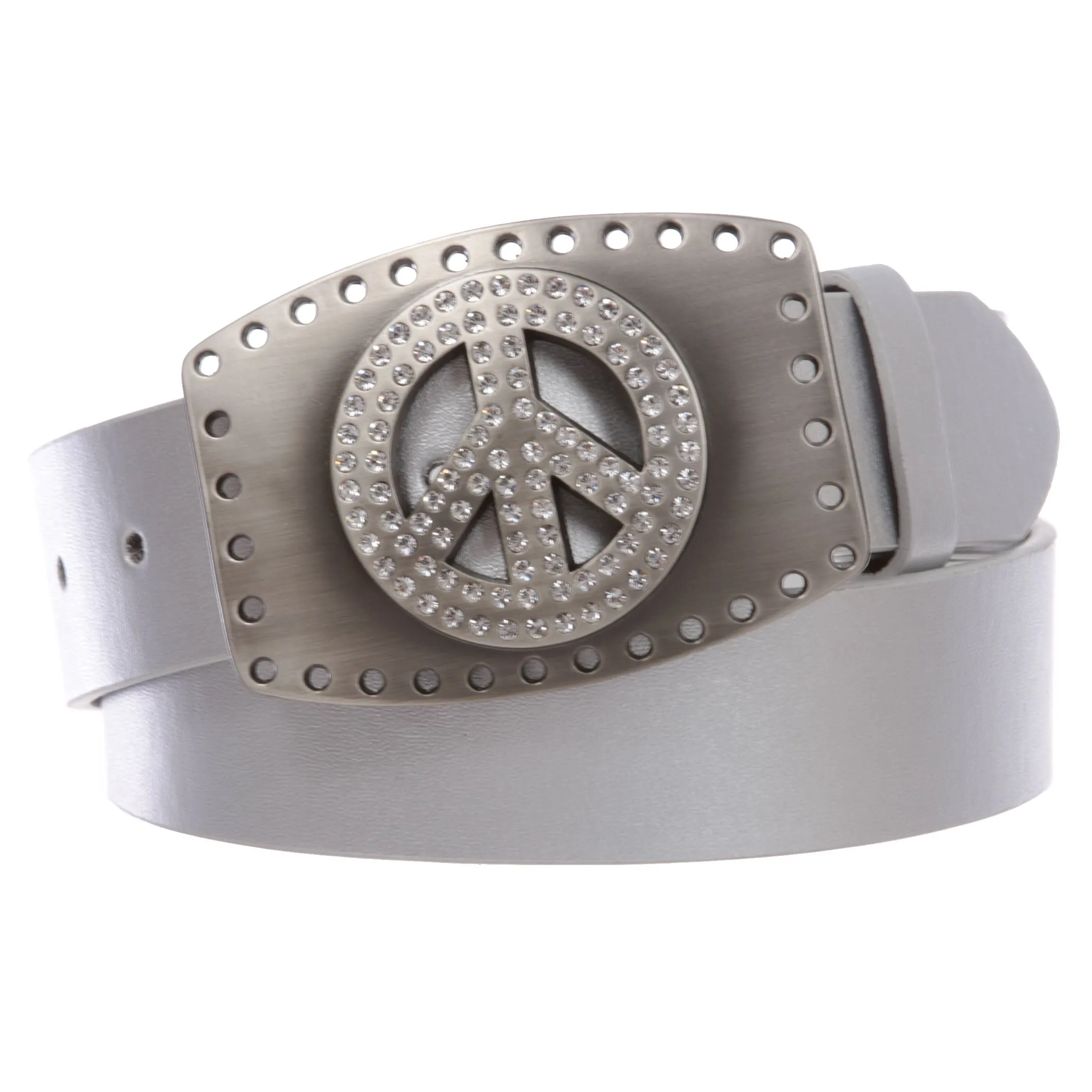 1 1/2" Snap On Rhinestone Peace Symbol Love Sign Hollow Out Buckle With Leather Belt