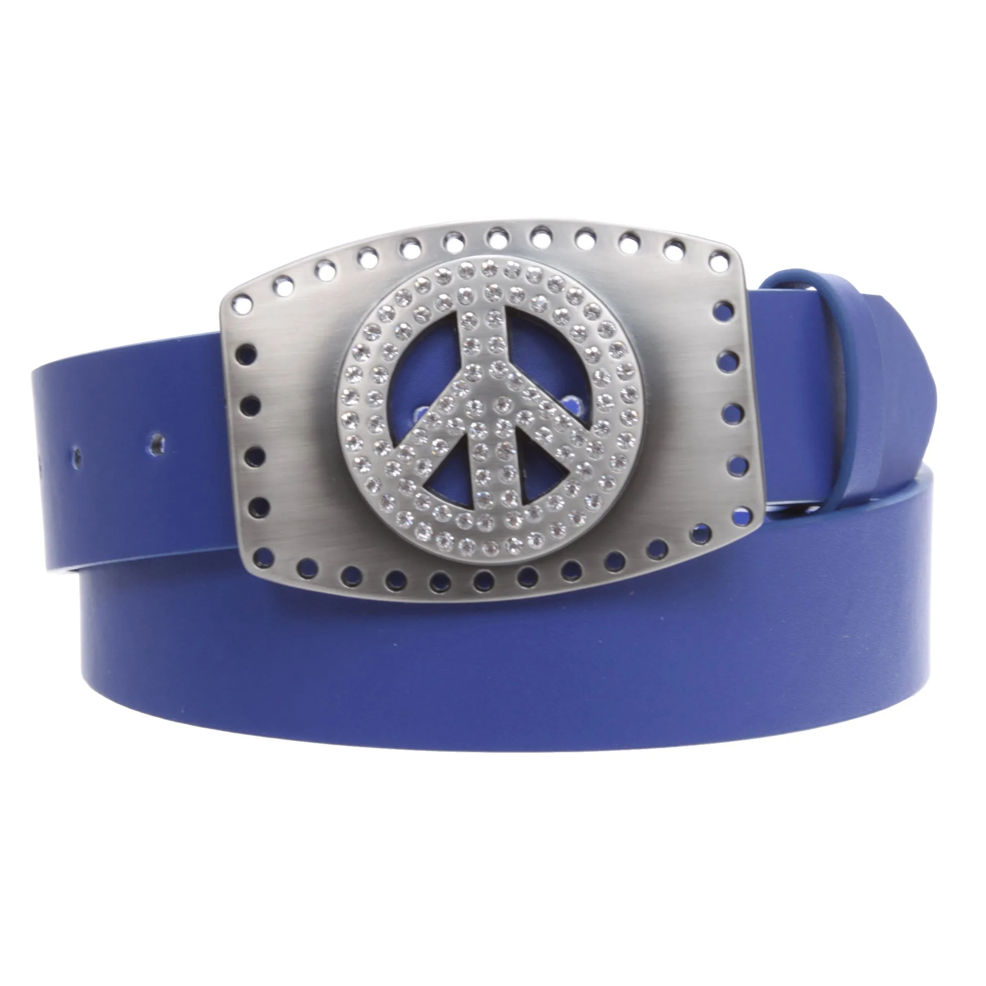 1 1/2" Snap On Rhinestone Peace Symbol Love Sign Hollow Out Buckle With Leather Belt