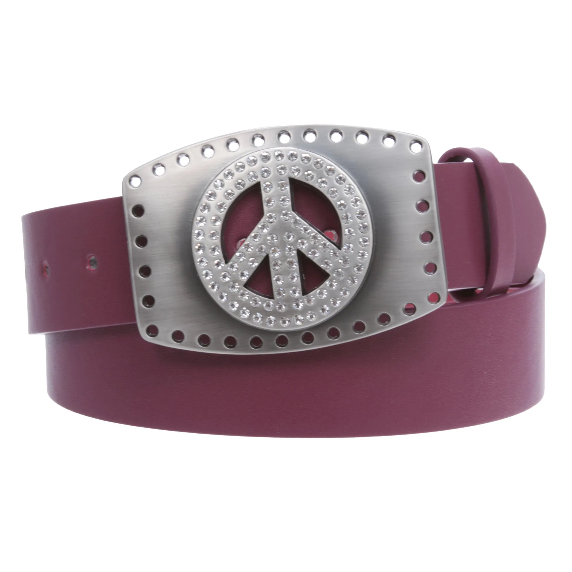 1 1/2" Snap On Rhinestone Peace Symbol Love Sign Hollow Out Buckle With Leather Belt