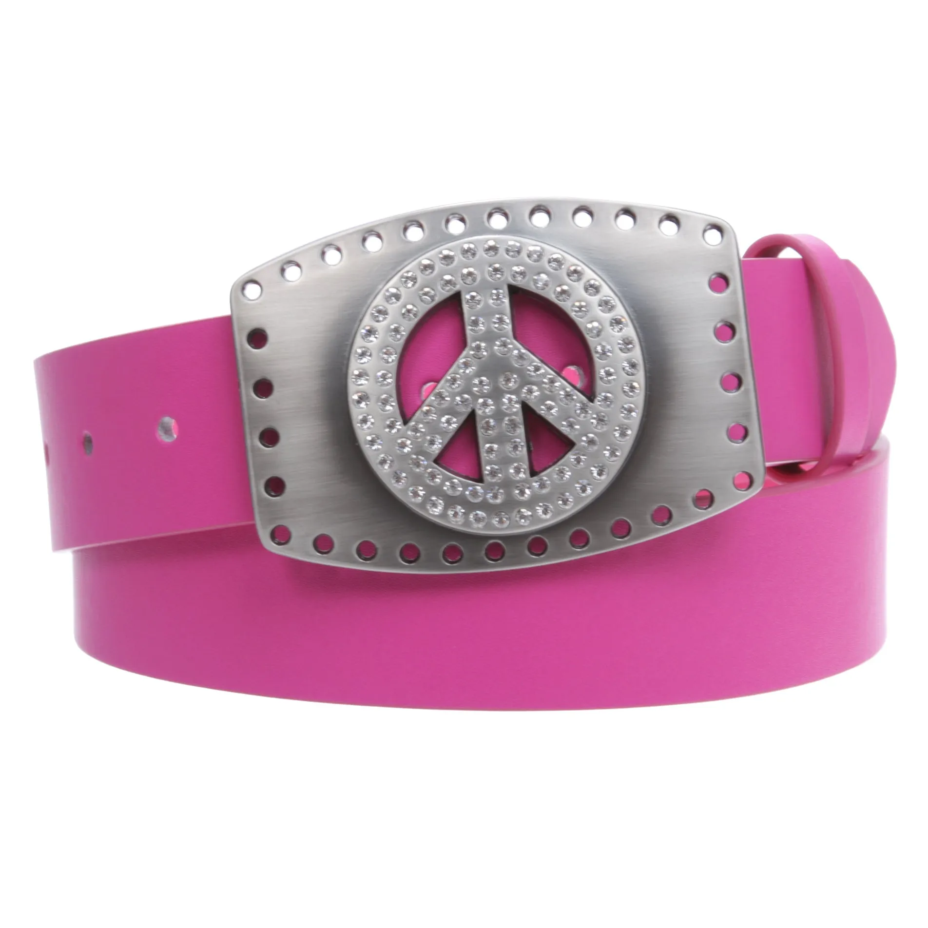 1 1/2" Snap On Rhinestone Peace Symbol Love Sign Hollow Out Buckle With Leather Belt