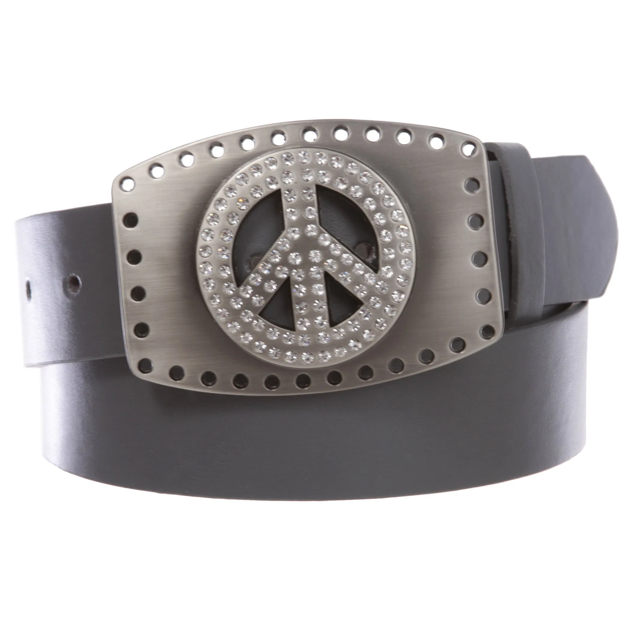 1 1/2" Snap On Rhinestone Peace Symbol Love Sign Hollow Out Buckle With Leather Belt