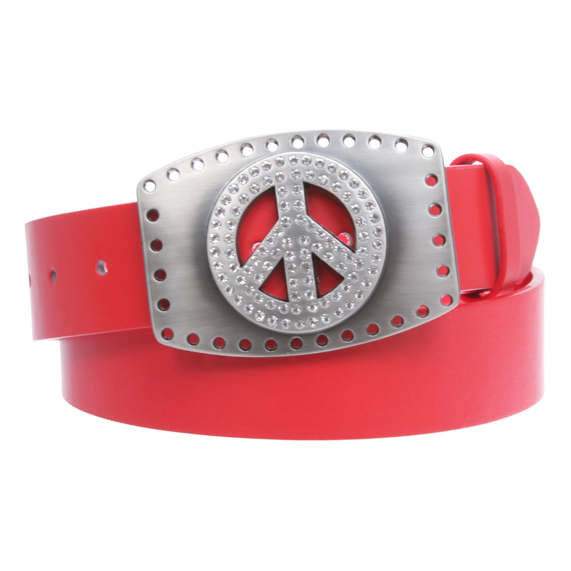 1 1/2" Snap On Rhinestone Peace Symbol Love Sign Hollow Out Buckle With Leather Belt