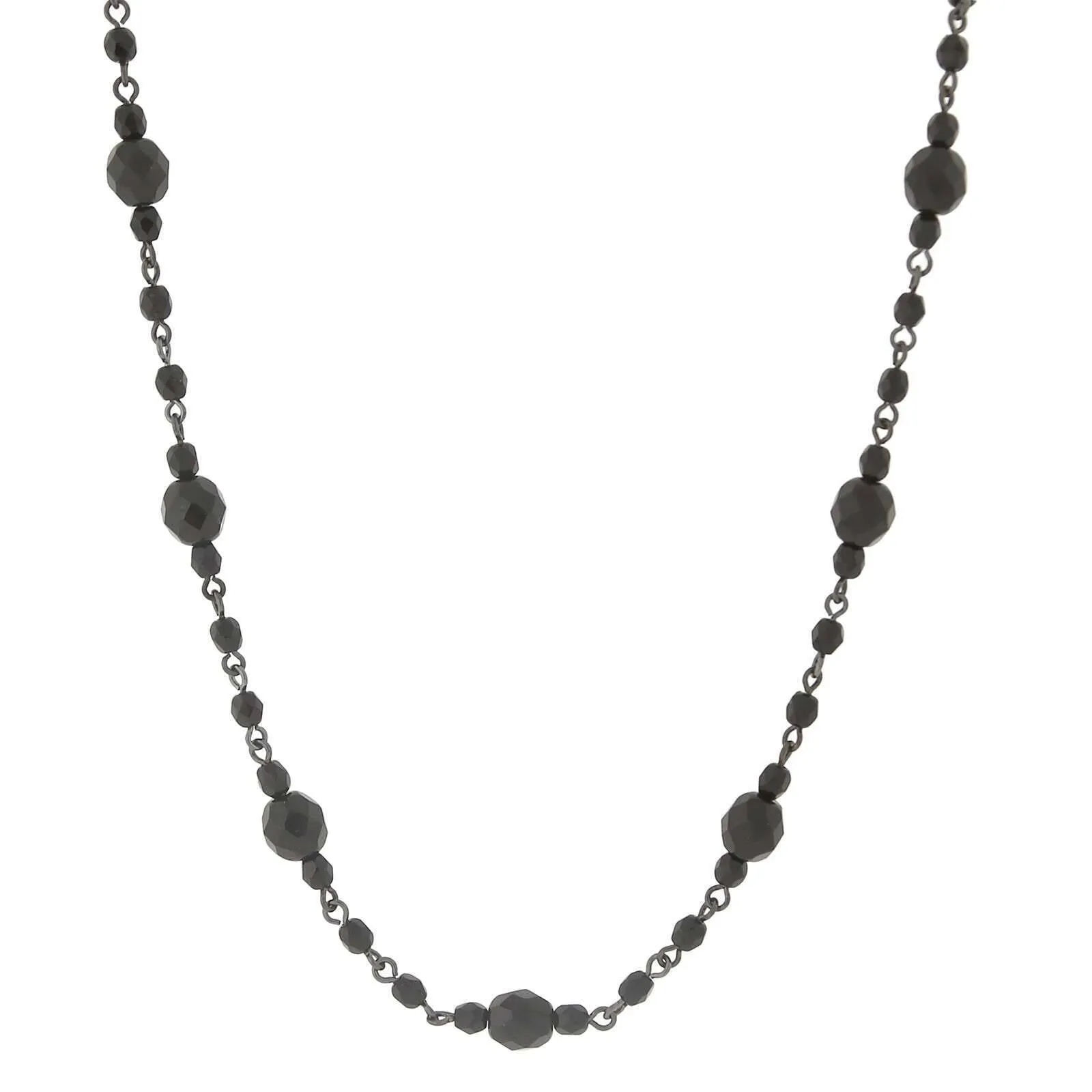 2028 Jet Black Fire Polished Glass Beaded Necklace 16"   3" Extension