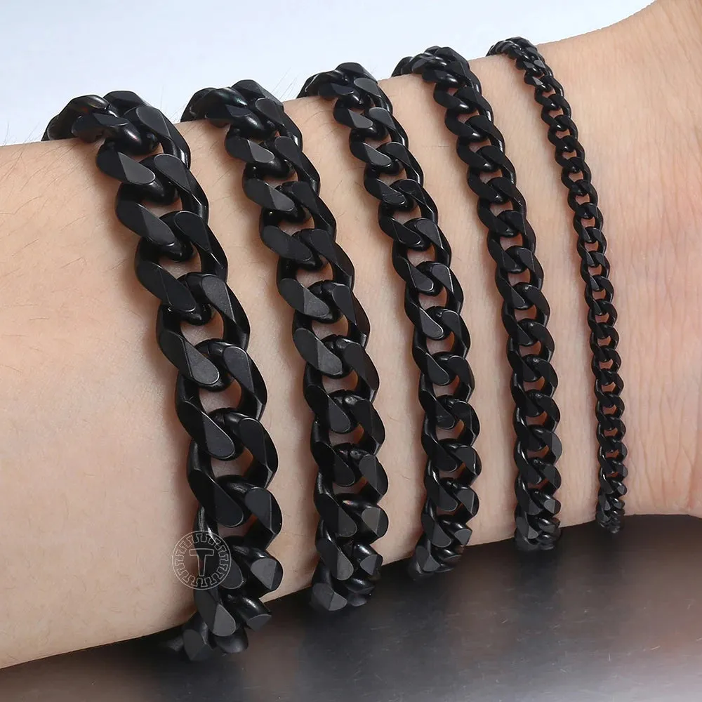 3-11mm Black Stainless Steel Bracelet for Men Women Gold Color Cuban Link Bracelet Wholesale Jewelry 7-11 Inch Gifts KBB4