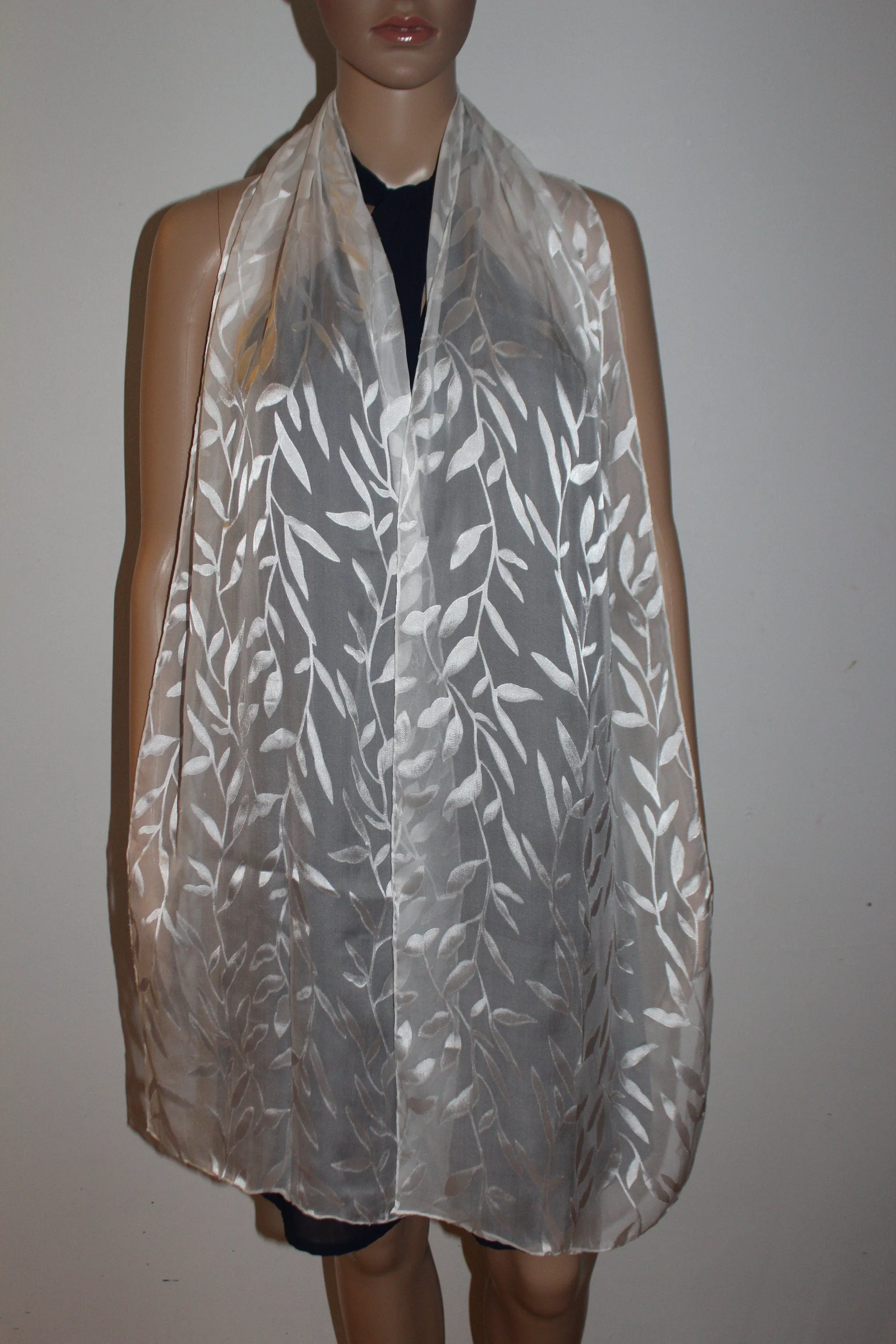 80-13 in Silk scarf, Leaves pattern,Extra long scarf,Summer gift,White long scarf, Bridal gift, Bridesmaid gift,Hand hemmed Luxury scarf