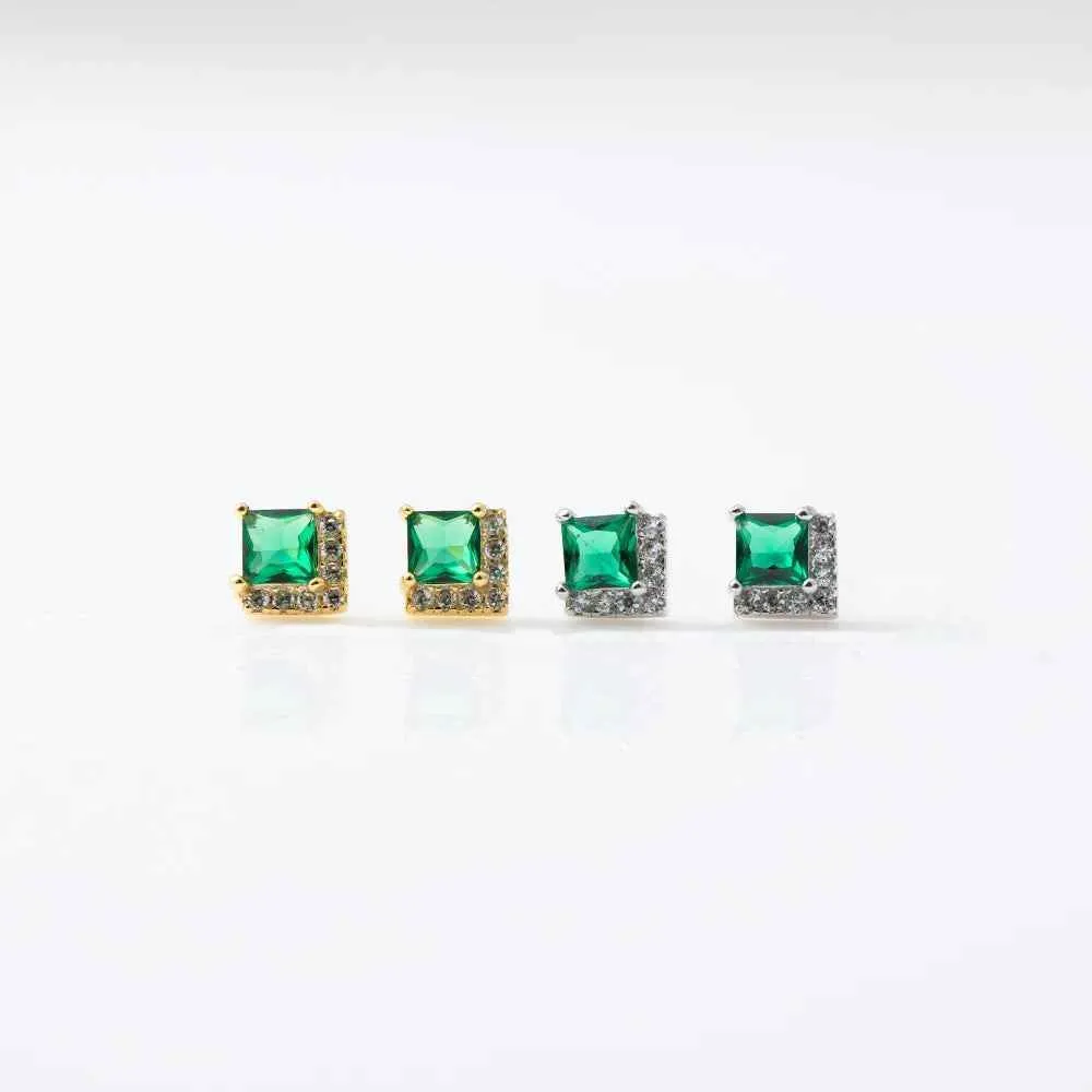 925 Sterling Silver 18k Gold Plated Earring and Necklace Charm Jewelry Set - Emerald Square - Xm252