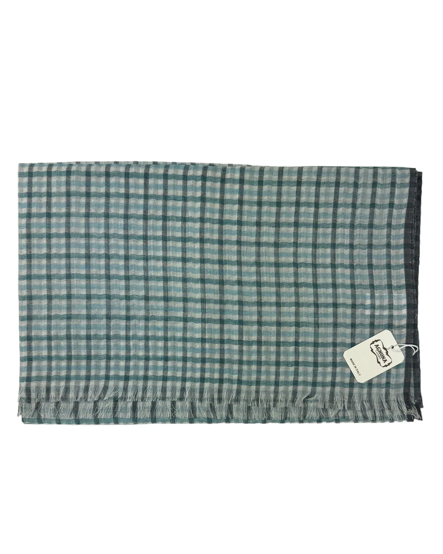 Agnona Scarf Aqua Gray Check - Luxury Cashmere Silk Linen Shawl FINAL SALE