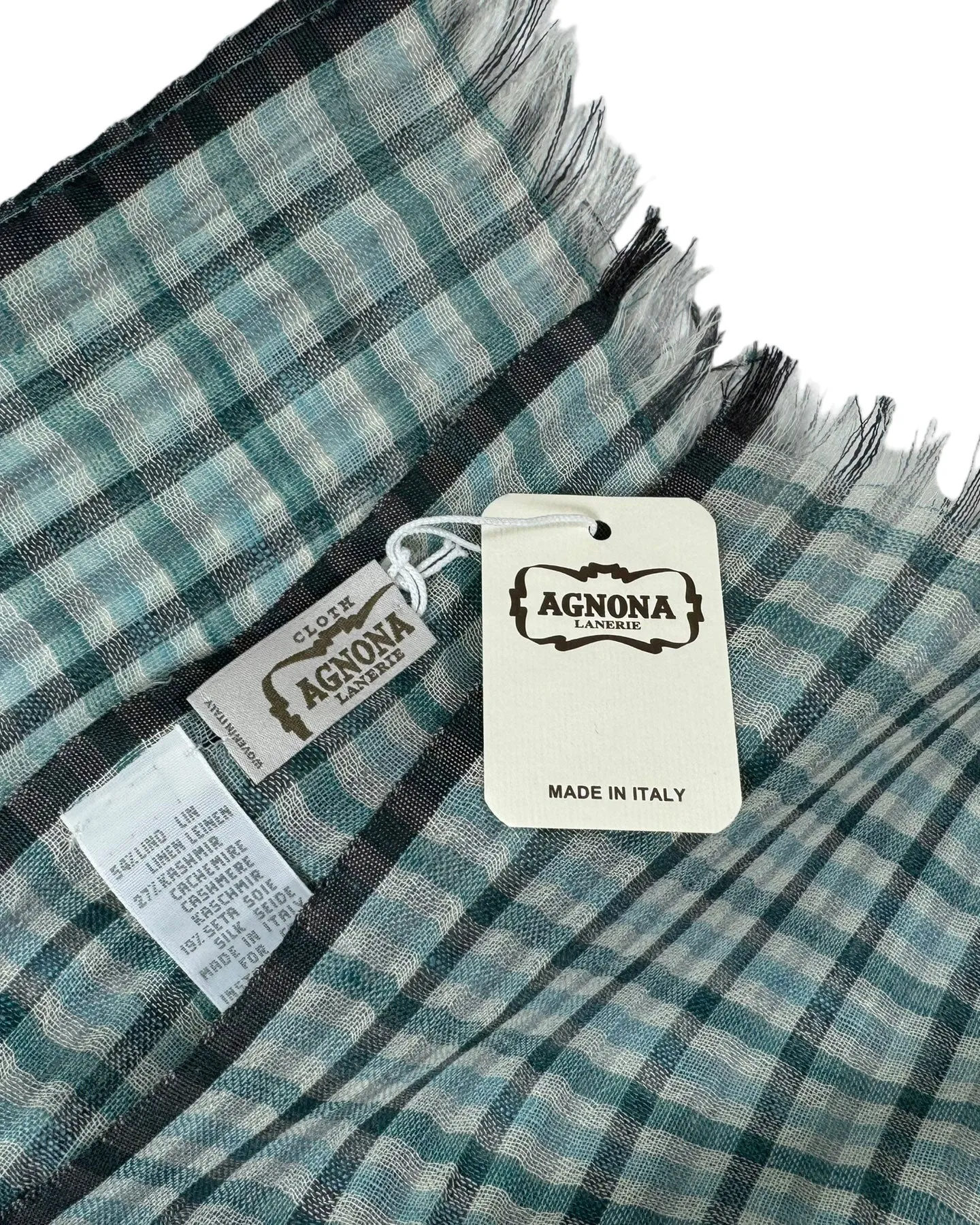 Agnona Scarf Aqua Gray Check - Luxury Cashmere Silk Linen Shawl FINAL SALE