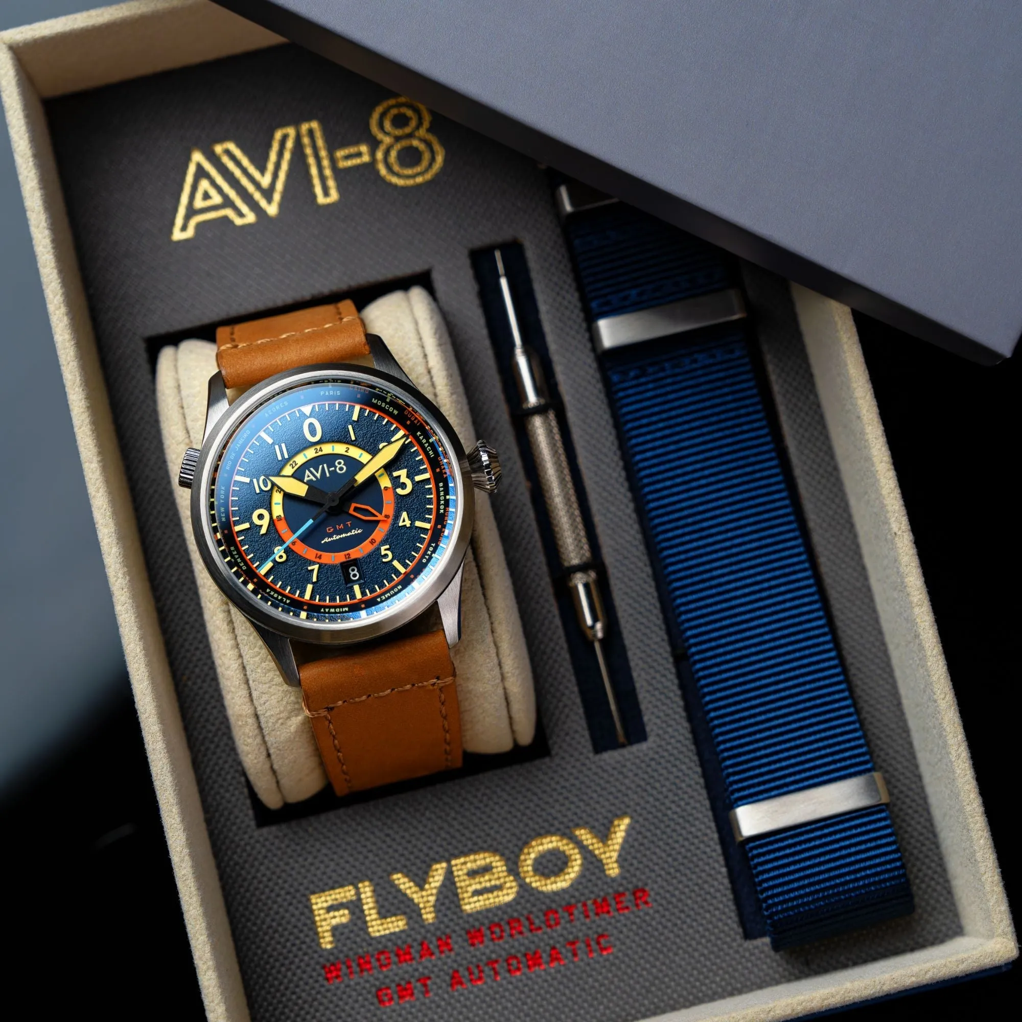 AVI-8 Flyboy Atlantic Blue Wingman Worldtimer GMT Automatic AV-4120-01