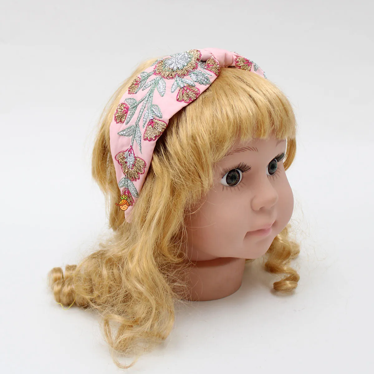 Baby Pink Flower And Leaf Embroidered Hair Band