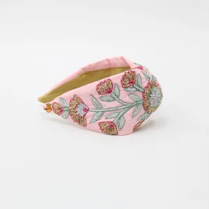 Baby Pink Flower And Leaf Embroidered Hair Band