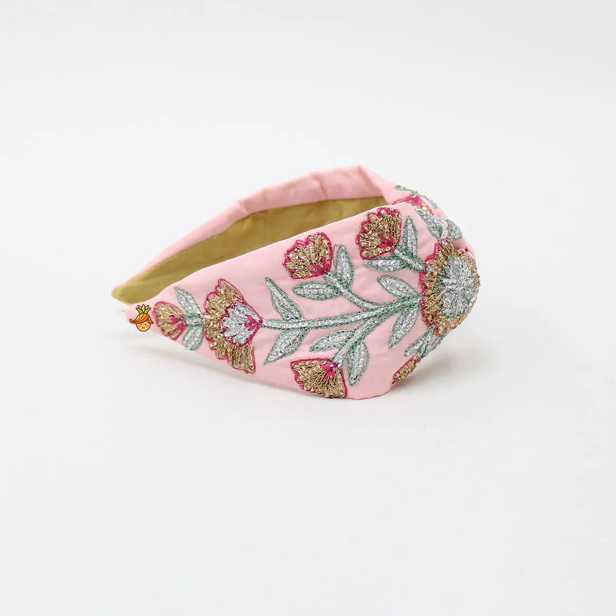 Baby Pink Flower And Leaf Embroidered Hair Band