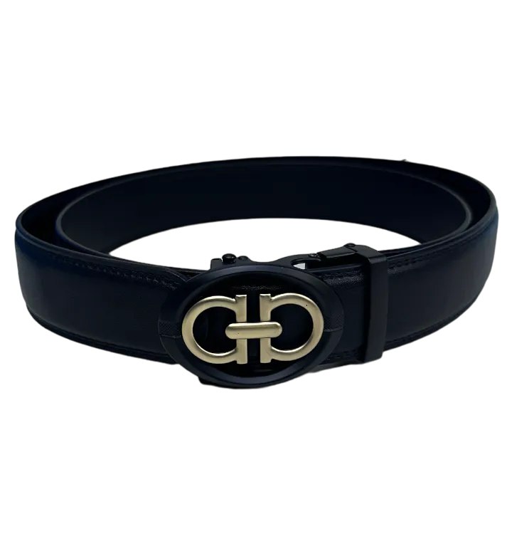 Black Genuine Leather Fancy Design Belt for Men's Gold Buckle