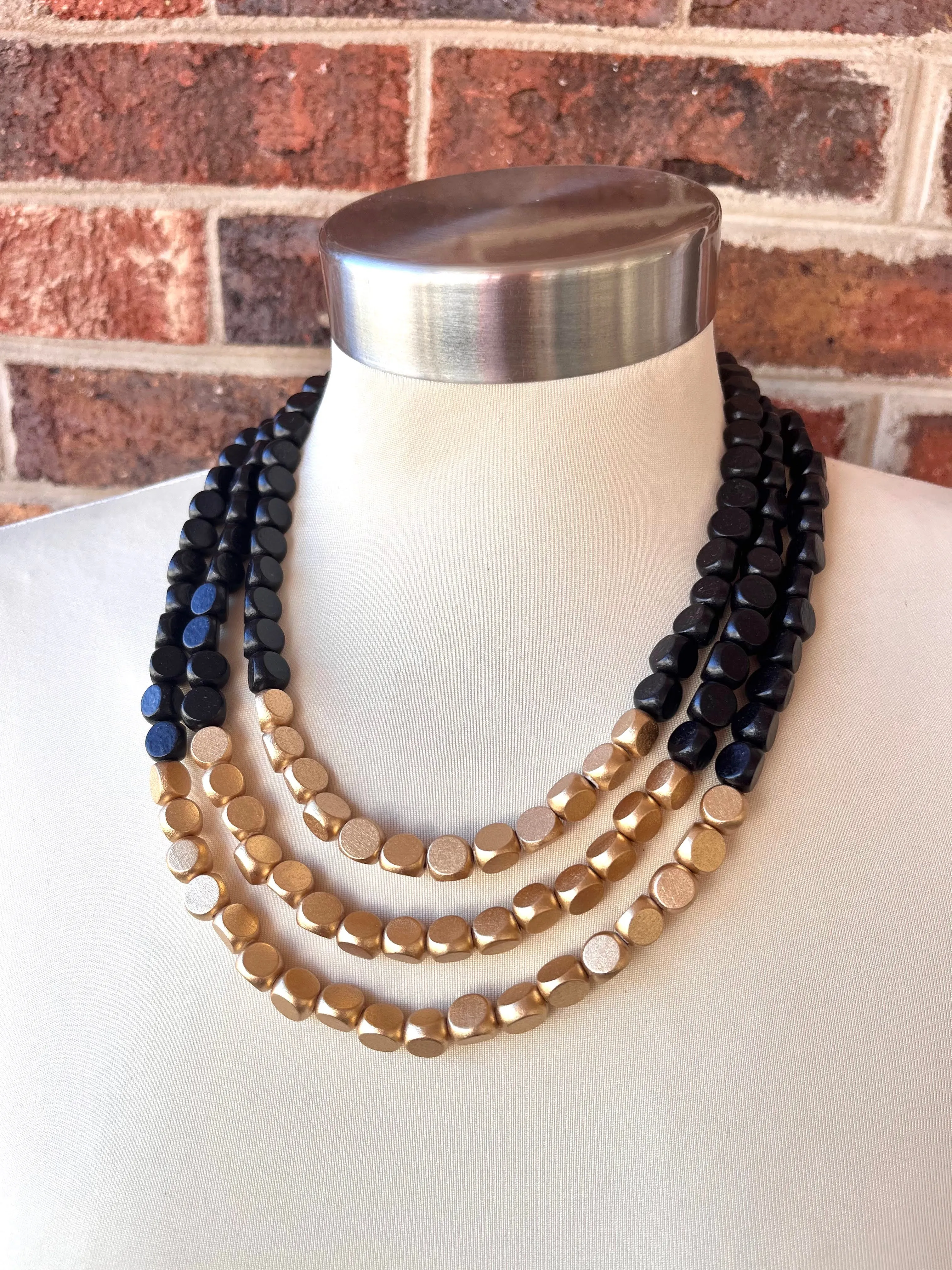 Black Gold Beaded Multi Strand Wood Chunky Statement Necklace - Lisa
