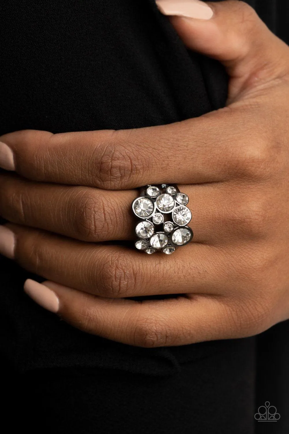 Bubbling Bravado Gunmetal Black and White Rhinestone Ring - Paparazzi Accessories