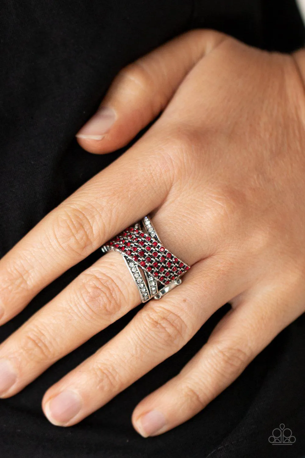Classic Crossover Red Rhinestone Ring - Paparazzi Accessories