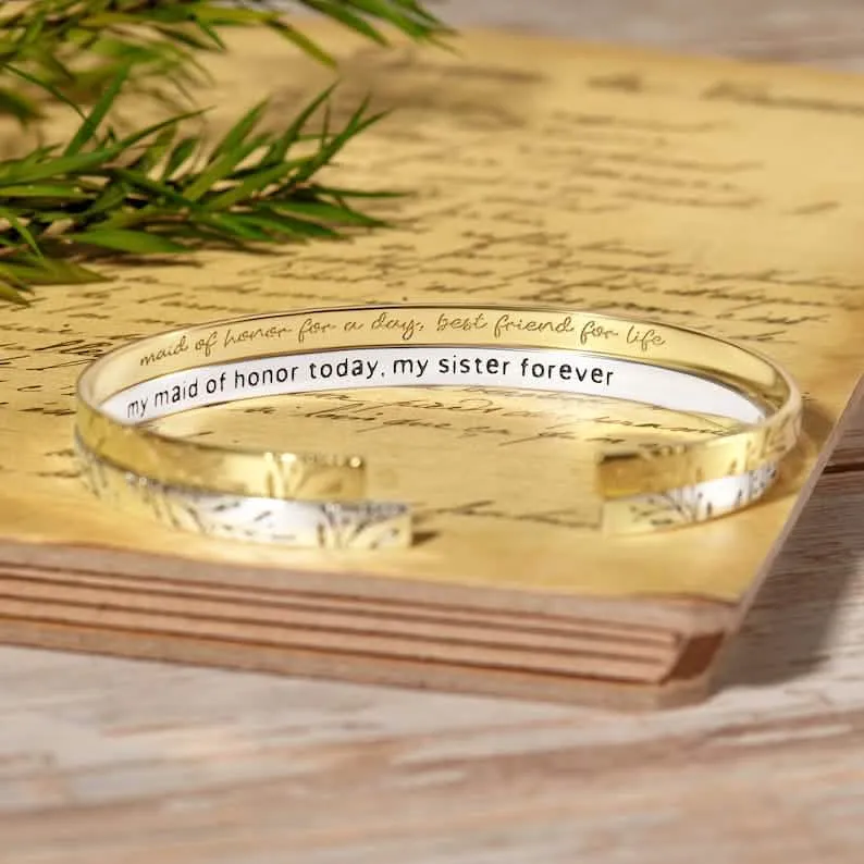 Custom Engraved Bridesmaid Cuff Bracelet, Unique Maid of Honor Jewelry Gift, Thoughtful Proposal Keepsake