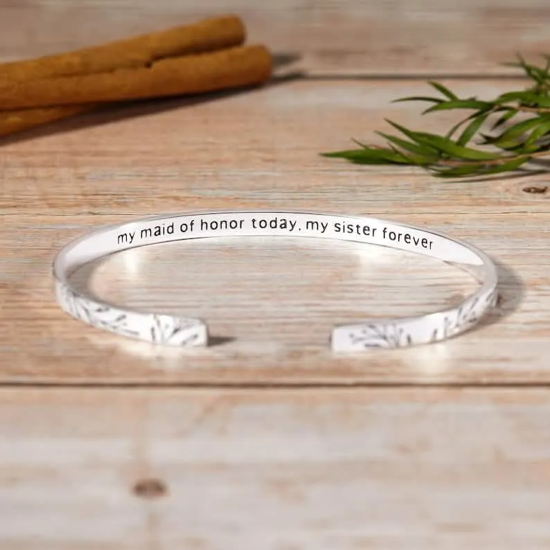 Custom Engraved Bridesmaid Cuff Bracelet, Unique Maid of Honor Jewelry Gift, Thoughtful Proposal Keepsake