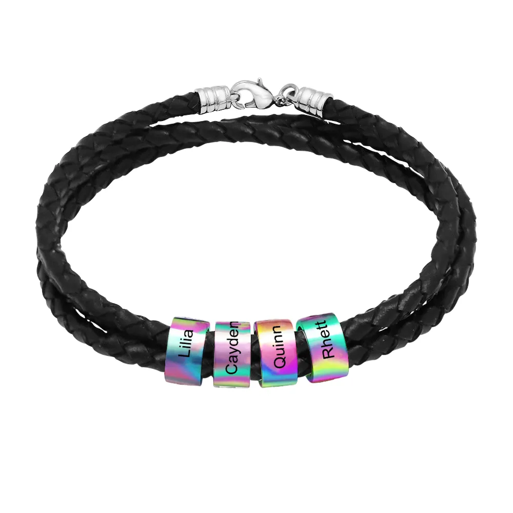 Customizable Name Braided Leather String Beaded Bracelet Engraving Bangle