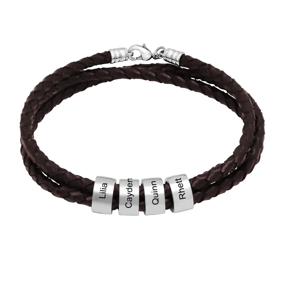 Customizable Name Braided Leather String Beaded Bracelet Engraving Bangle