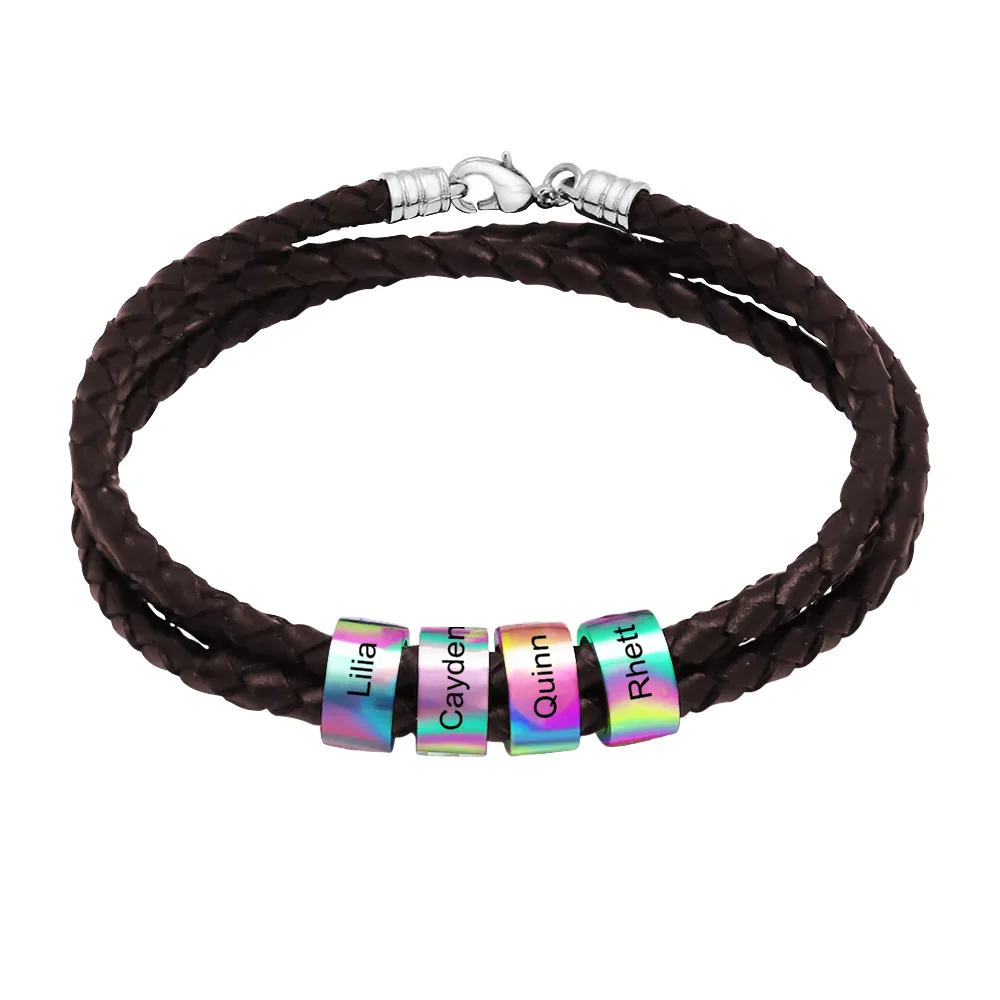 Customizable Name Braided Leather String Beaded Bracelet Engraving Bangle