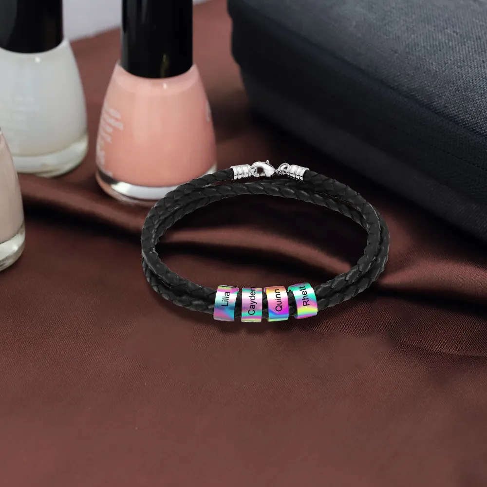 Customizable Name Braided Leather String Beaded Bracelet Engraving Bangle