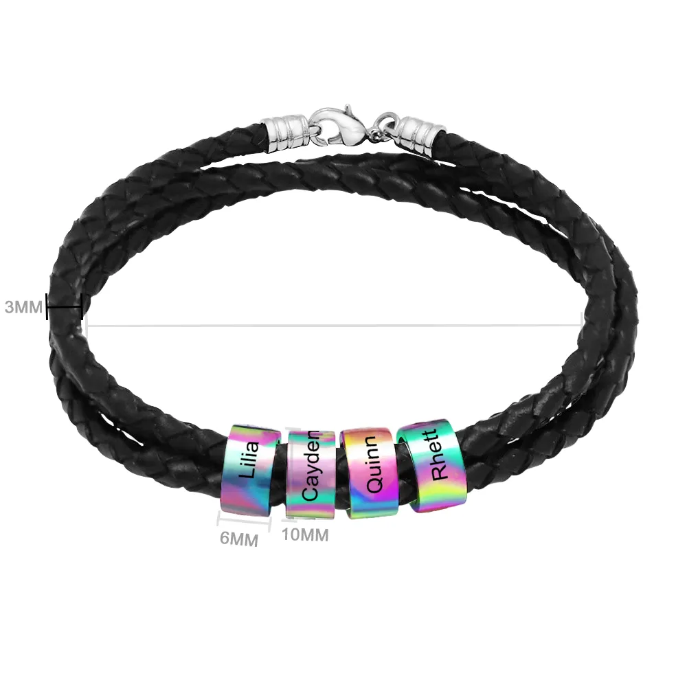 Customizable Name Braided Leather String Beaded Bracelet Engraving Bangle