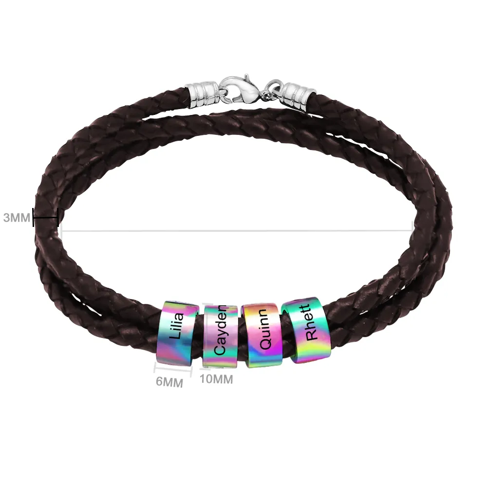 Customizable Name Braided Leather String Beaded Bracelet Engraving Bangle