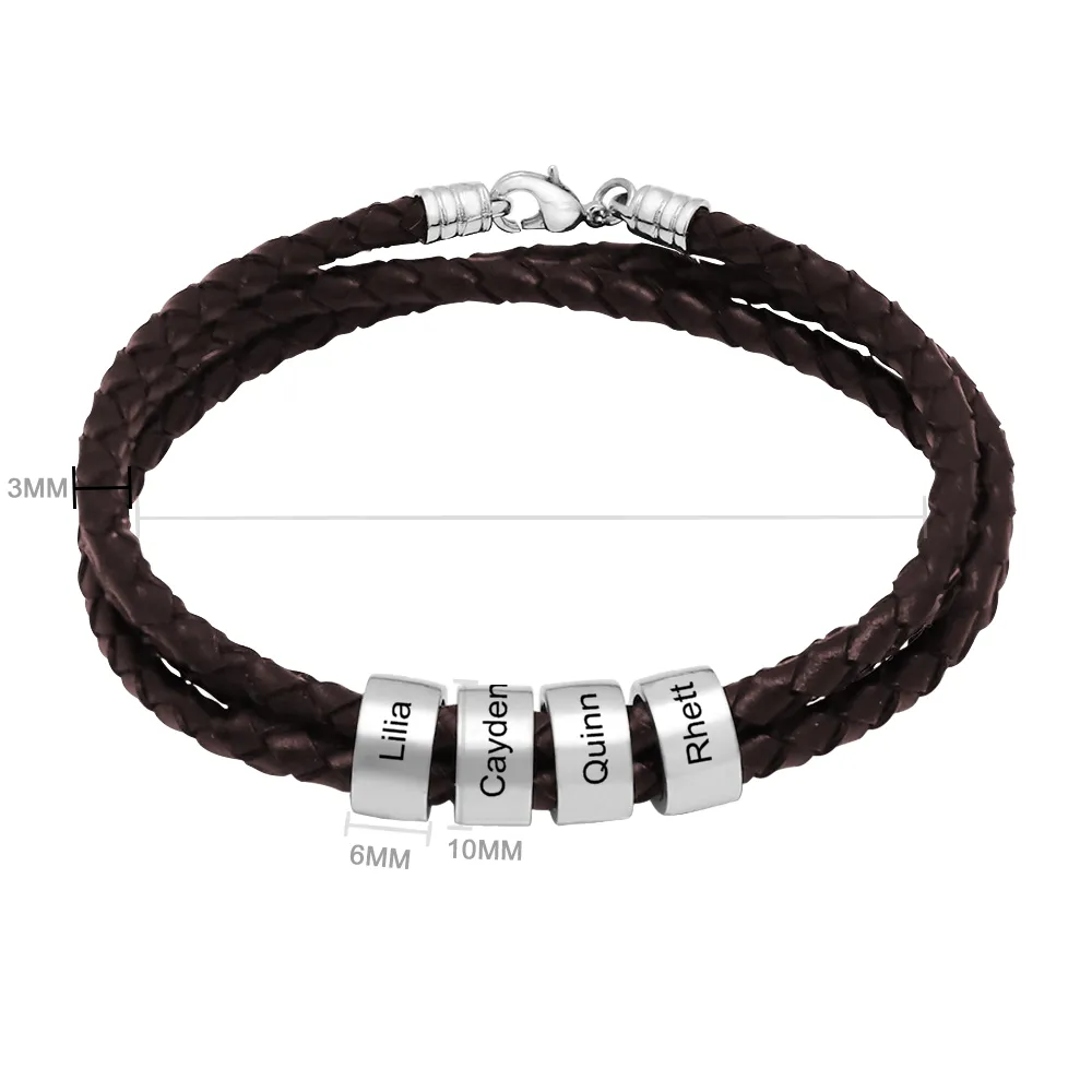 Customizable Name Braided Leather String Beaded Bracelet Engraving Bangle