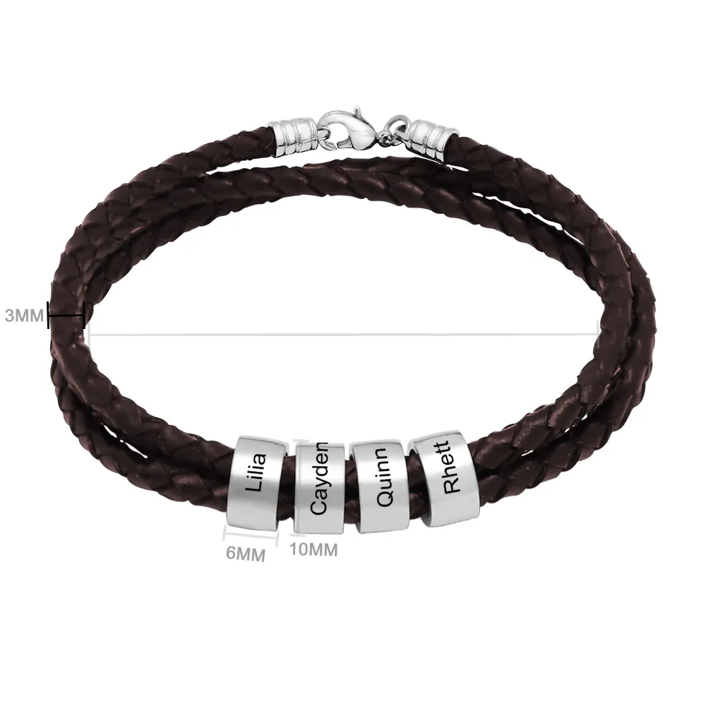 Customizable Name Braided Leather String Beaded Bracelet Engraving Bangle