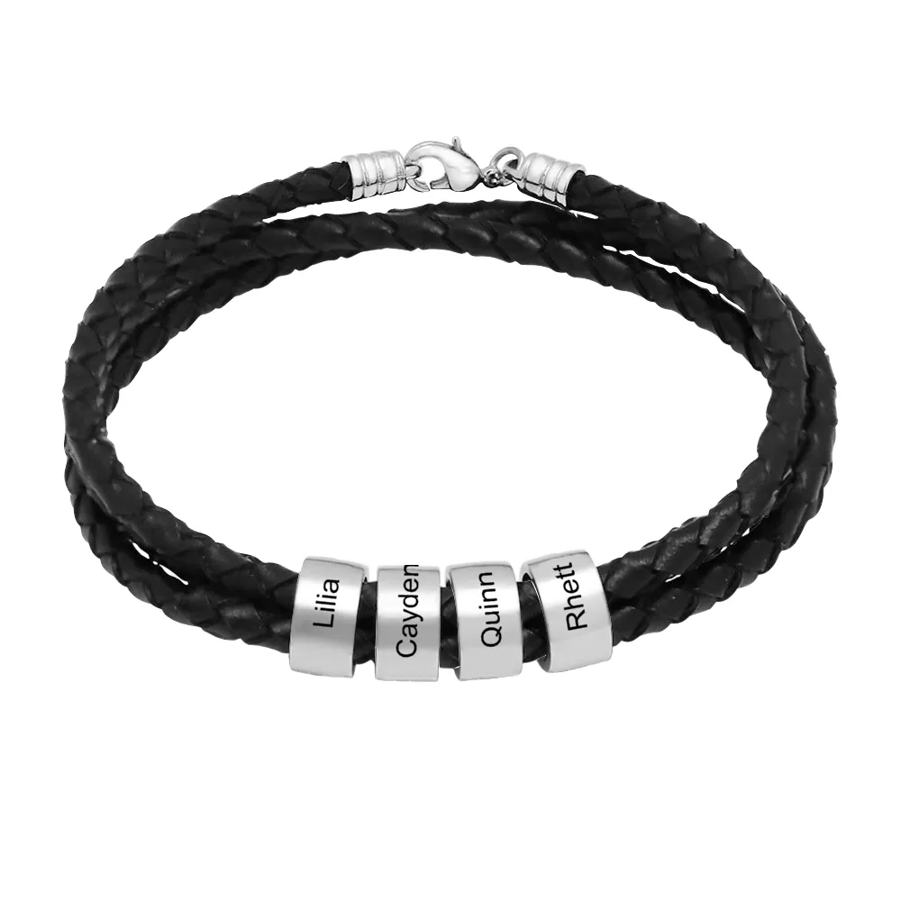 Customizable Name Braided Leather String Beaded Bracelet Engraving Bangle