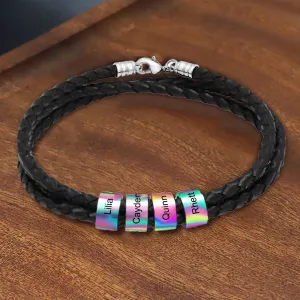 Customizable Name Braided Leather String Beaded Bracelet Engraving Bangle