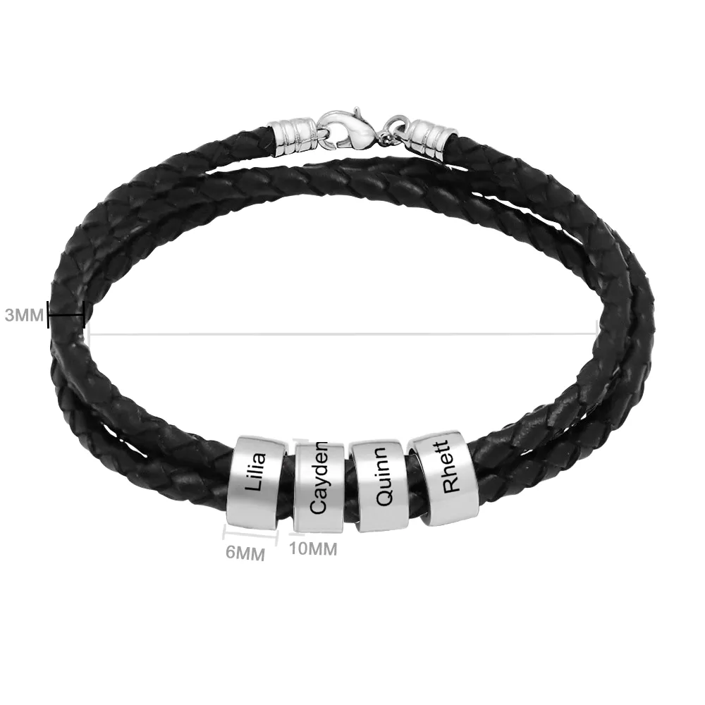 Customizable Name Braided Leather String Beaded Bracelet Engraving Bangle