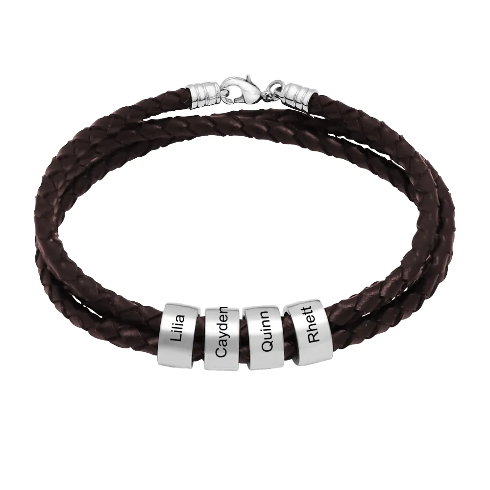 Customizable Name Braided Leather String Beaded Bracelet Engraving Bangle