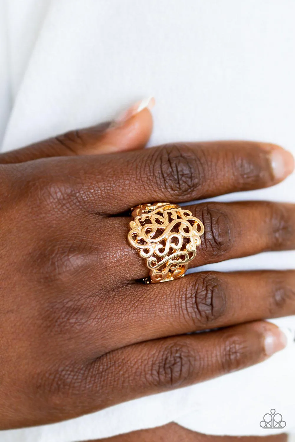 Dizzy Demure Gold Filigree Ring - Paparazzi Accessories