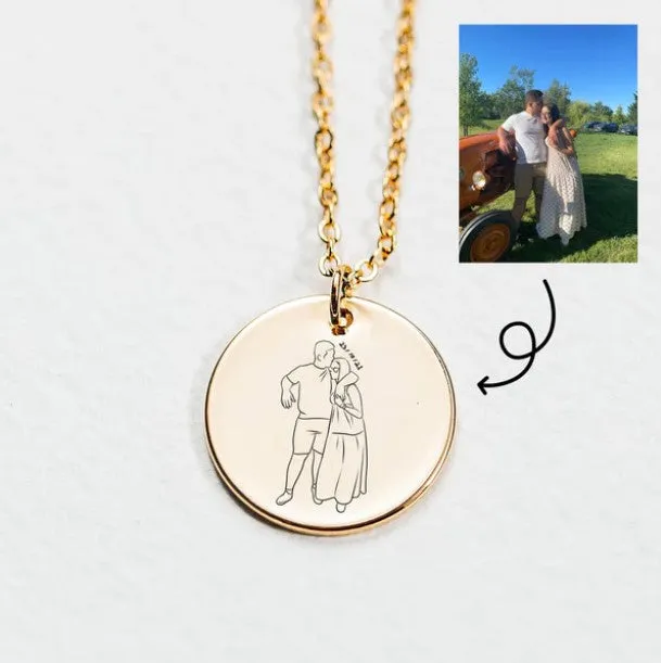 Engraved Line Drawing Photo Necklace with Personalized Handwriting Upload