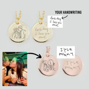 Engraved Line Drawing Photo Necklace with Personalized Handwriting Upload