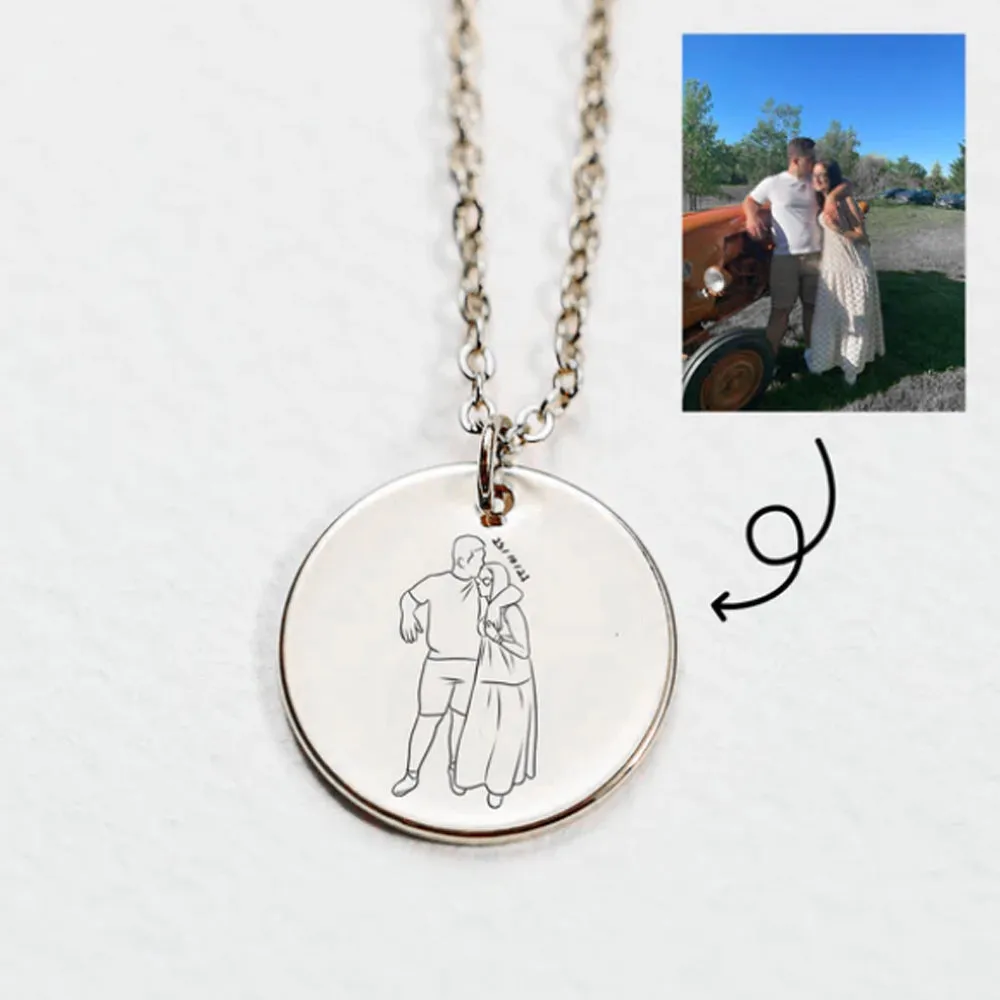 Engraved Line Drawing Photo Necklace with Personalized Handwriting Upload