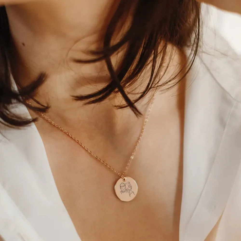 Engraved Line Drawing Photo Necklace with Personalized Handwriting Upload