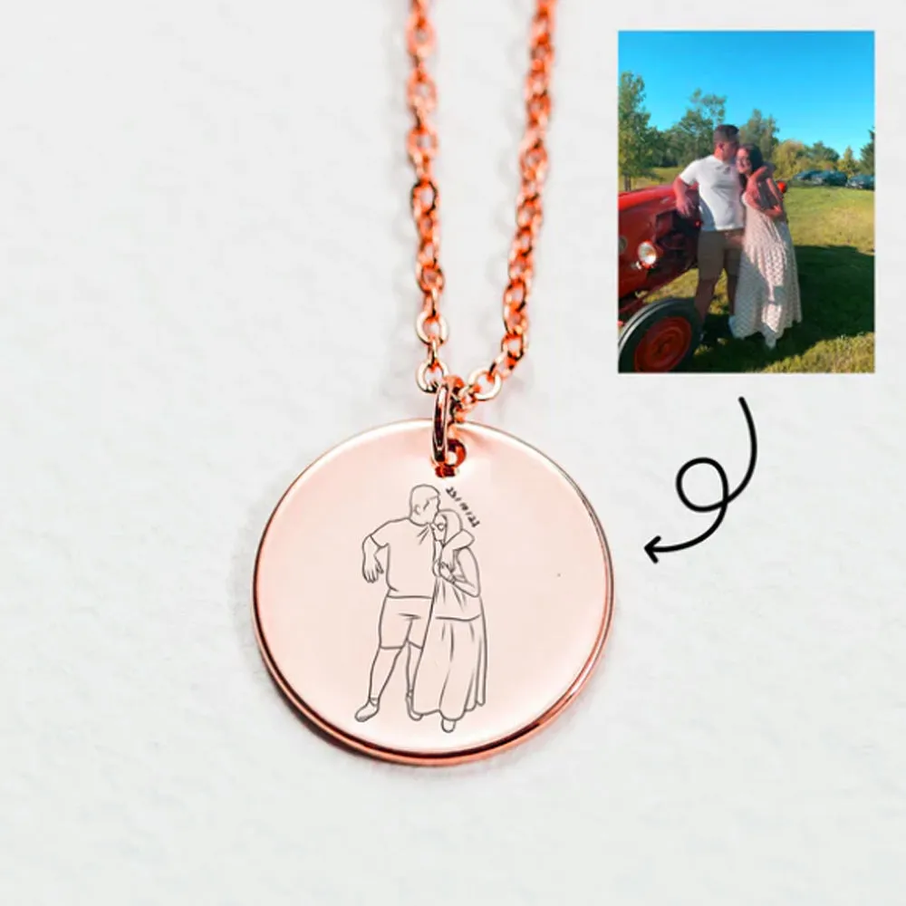 Engraved Line Drawing Photo Necklace with Personalized Handwriting Upload