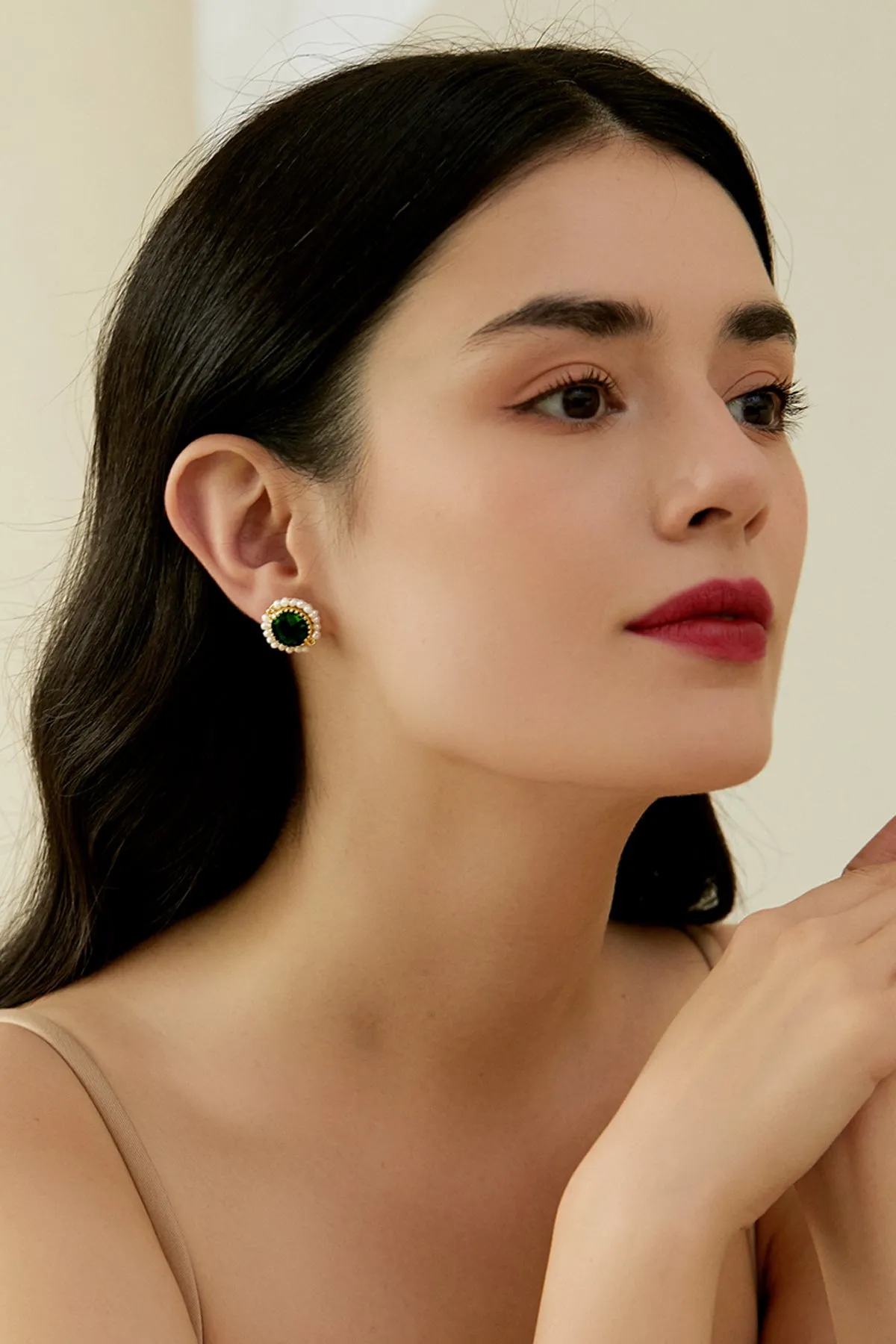 Enora Emerald Crystal Pearl Earrings