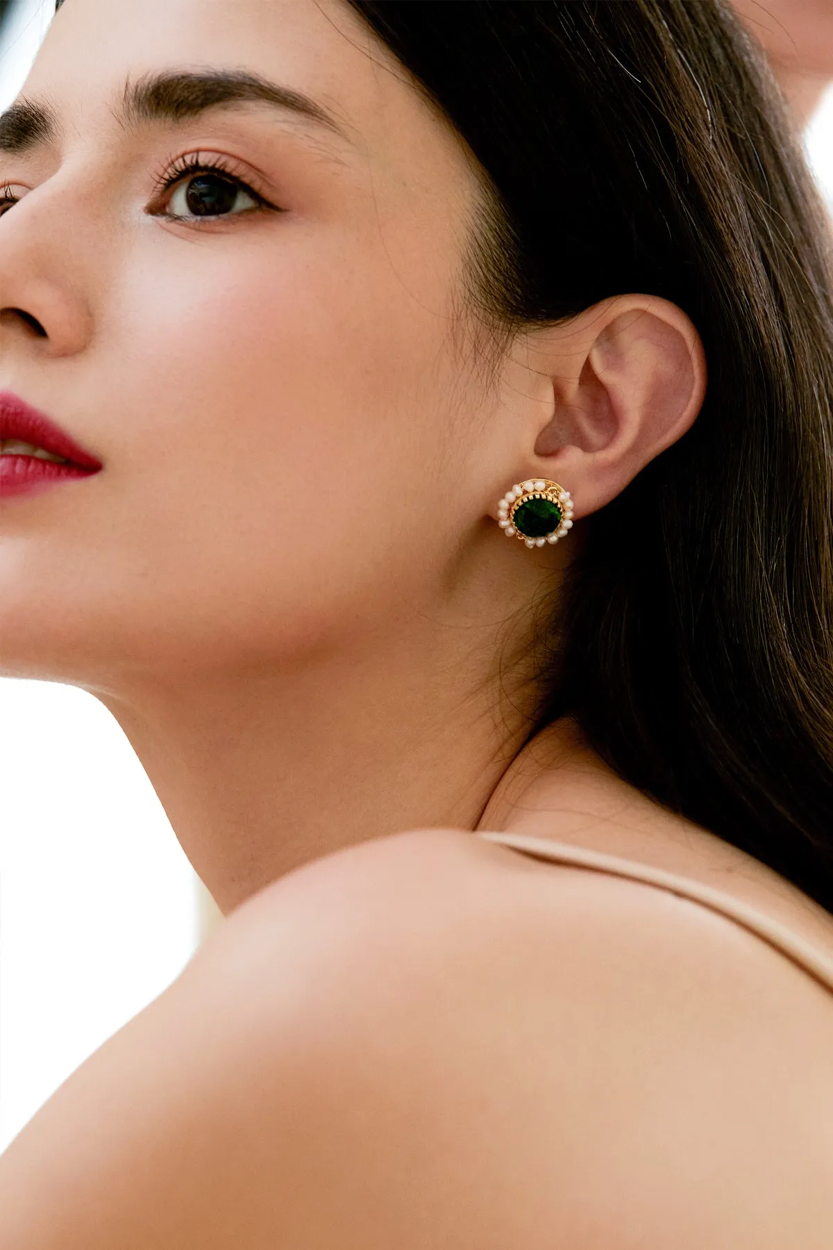 Enora Emerald Crystal Pearl Earrings