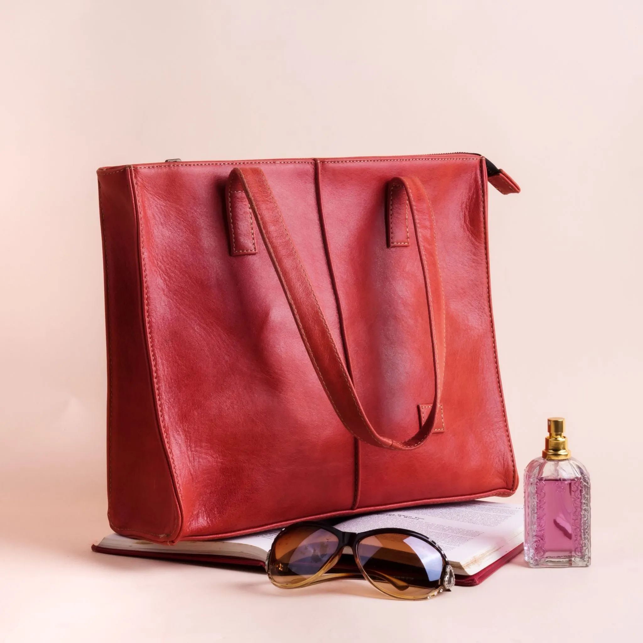 Everyday Women's Leather  Zipper Tote Bag-Candy Red