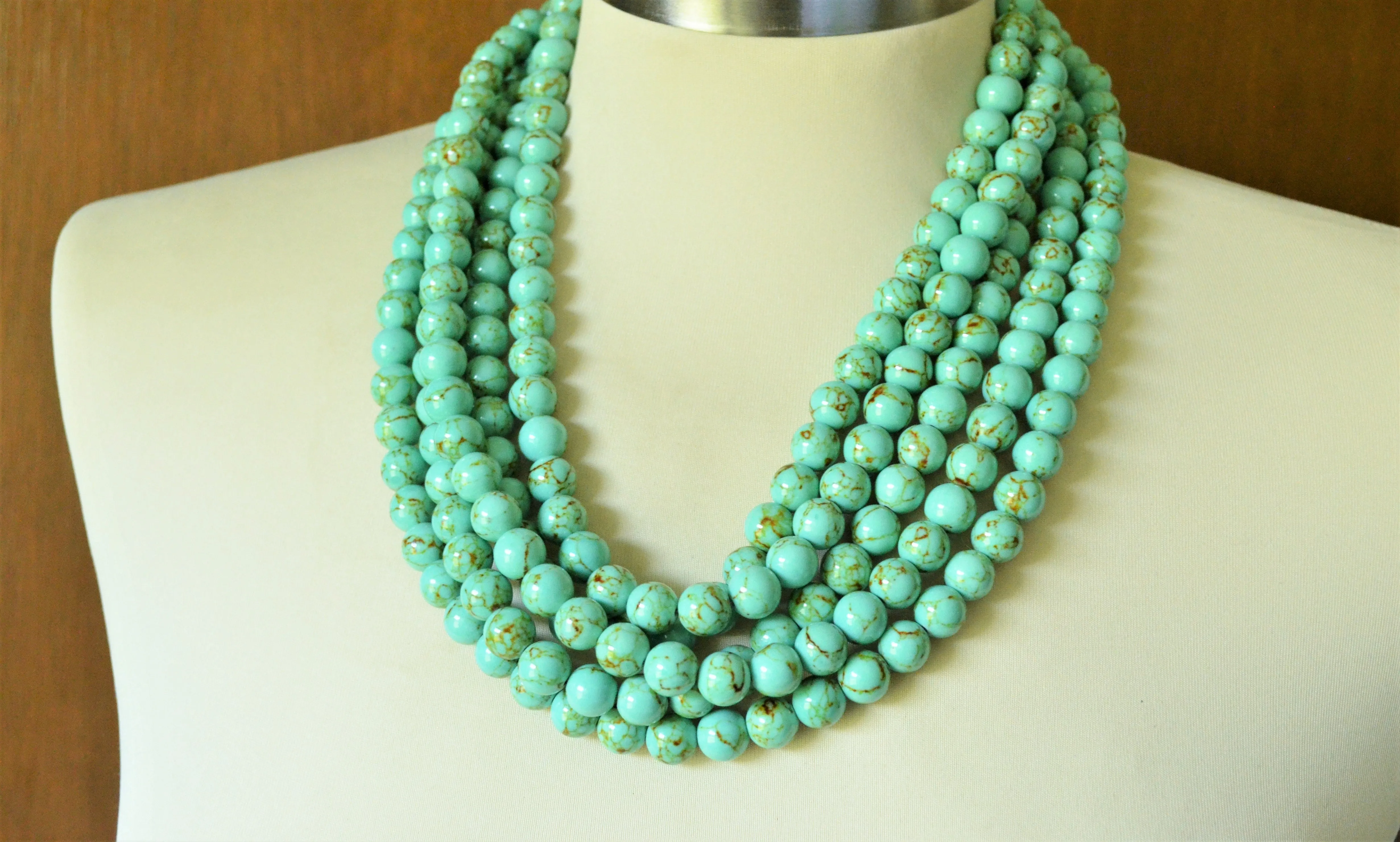 Green Turquoise Beaded Chunky Multi Strand Statement Necklace - Alana