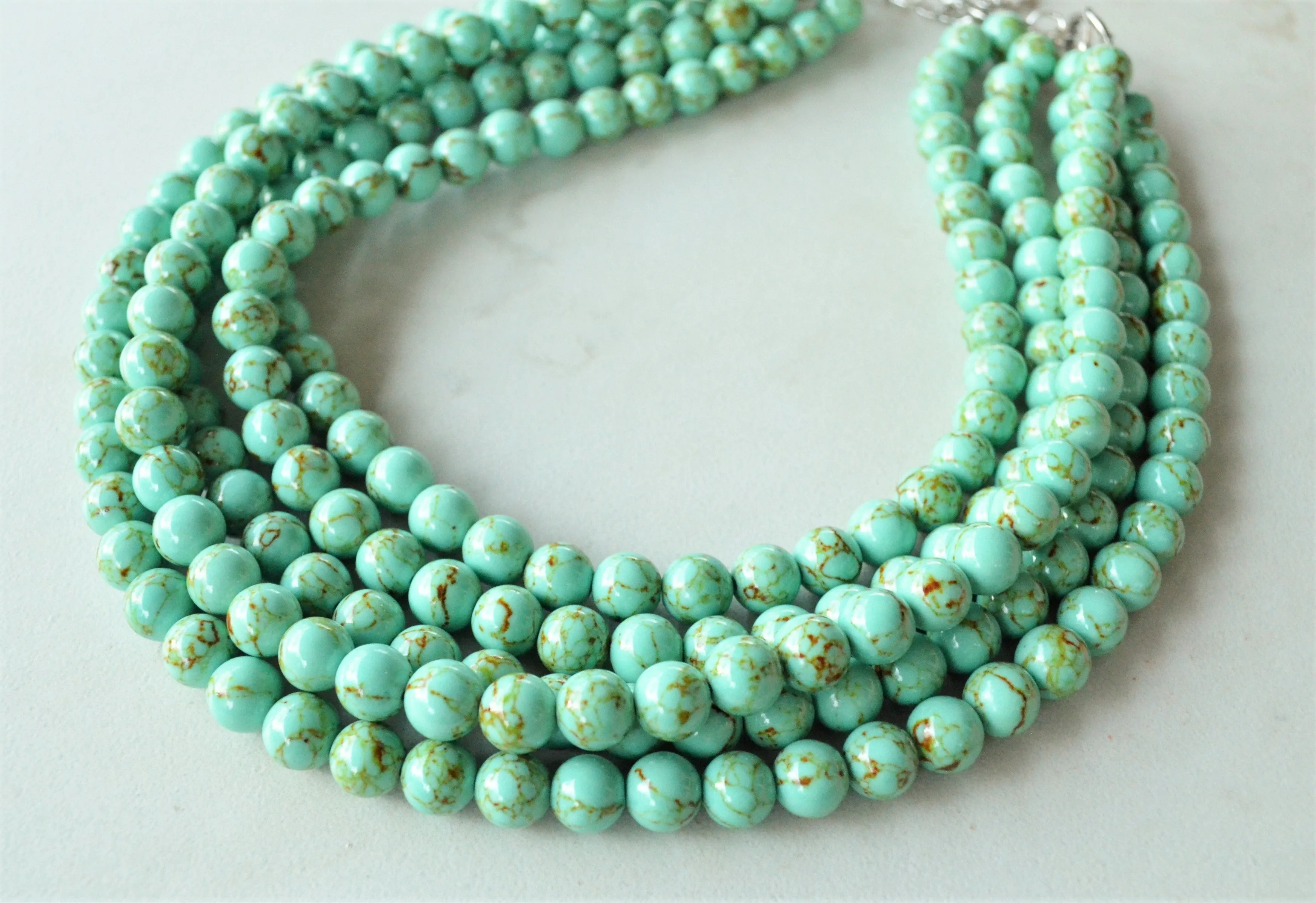Green Turquoise Beaded Chunky Multi Strand Statement Necklace - Alana