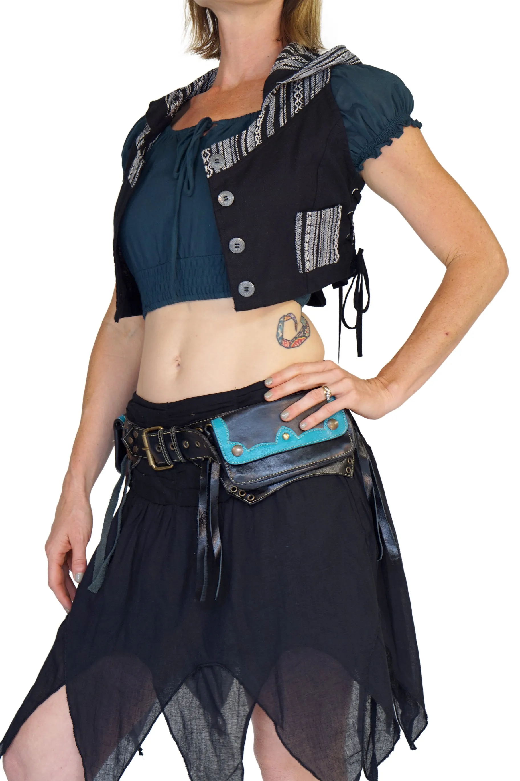 'Lill' - Boho Leather Utility Belt -  Black/Teal