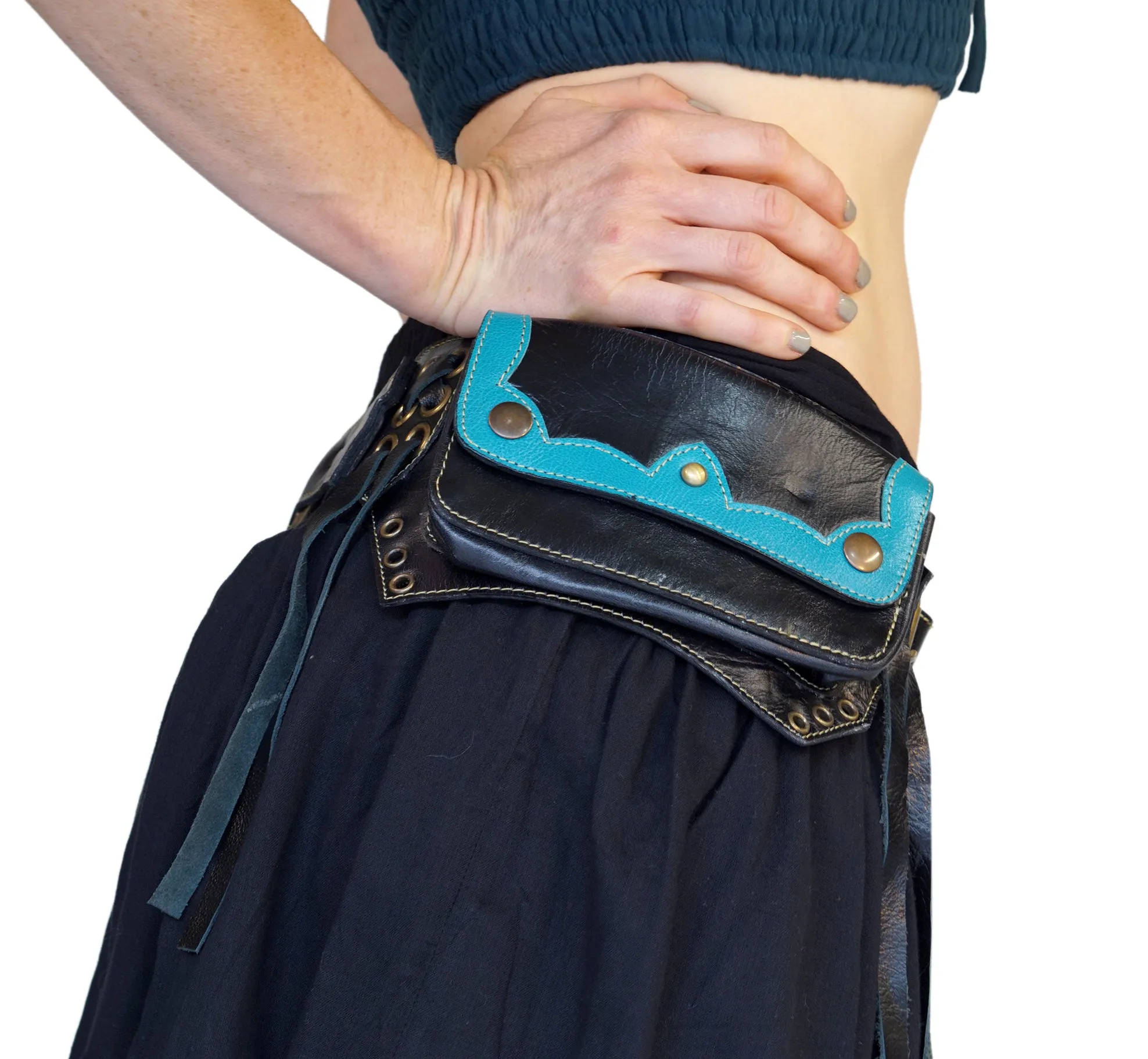 'Lill' - Boho Leather Utility Belt -  Black/Teal